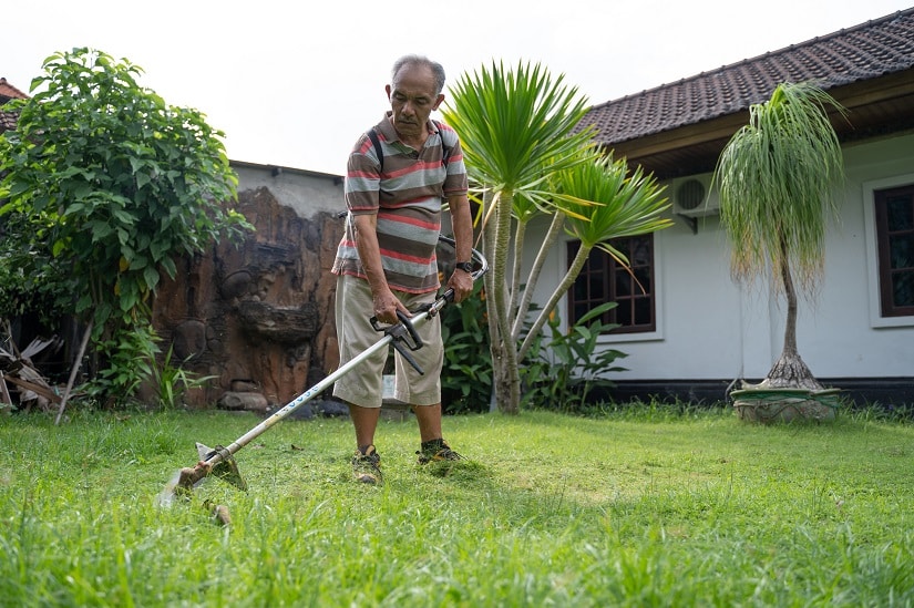 Hobbygärtner pflegt seinen Garten mit einer Elektrosense