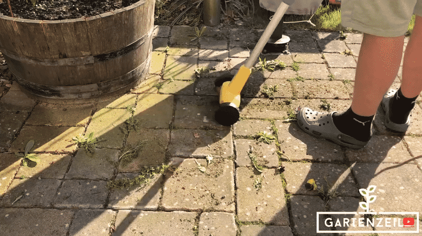 Nach den ersten kleinen Versuchen haben wir uns dann eine Fläche vorgenommen, die etwas mehr mit Unkraut bewachsen ist, um zu schauen, ob der Gloria WeedBrush auch gegen Gras oder sogar Löwenzahn in den Fugen ankommt.